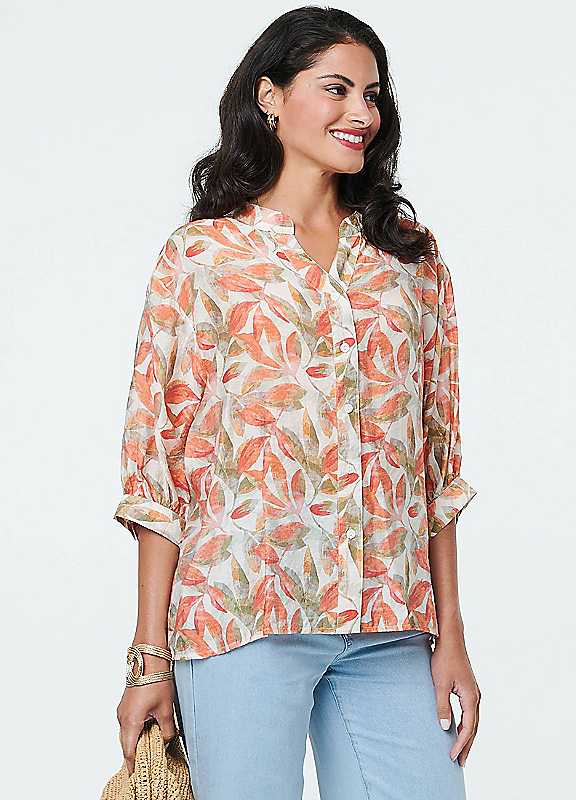 Izabel London Women's Orange Leaf Print 3/4 Sleeve Relaxed Blouse In | Size: 14 - Image 3