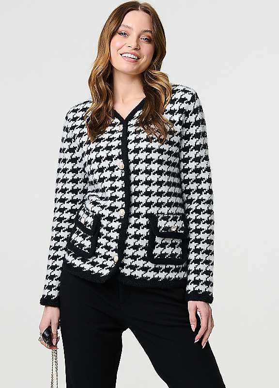 Izabel London Black Multi Multi Black Houndstooth Long Sleeve Cardigan Size 16