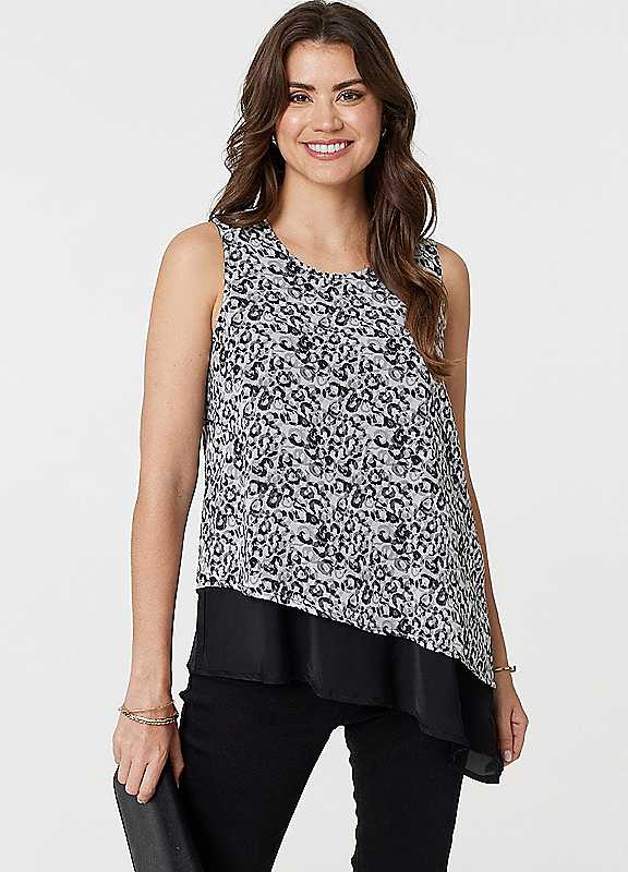 Izabel London Black Multi Multi Black Printed Asymmetric Sleeveless Tunic Top Size 14