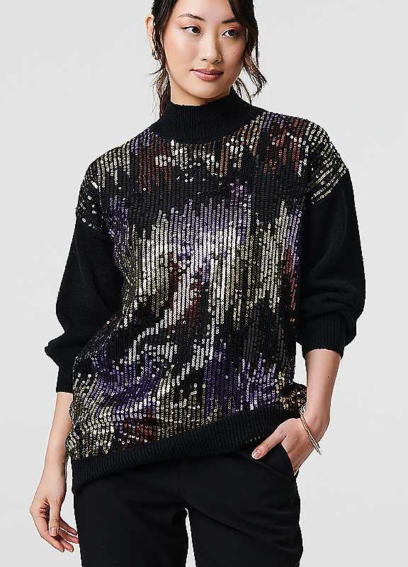 Izabel London Black Multi Multi Black Sequin Embellished Puff Sleeve Jumper Large