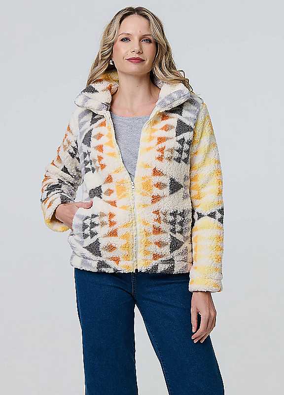Izabel London Cream Multi Multi Cream Aztec Print Relaxed Teddy Fur Jacket Size 10
