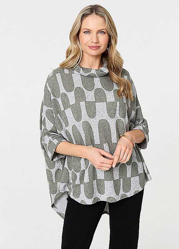 Izabel London Multi Green Geo Print Roll Neck Oversized Top Size 16