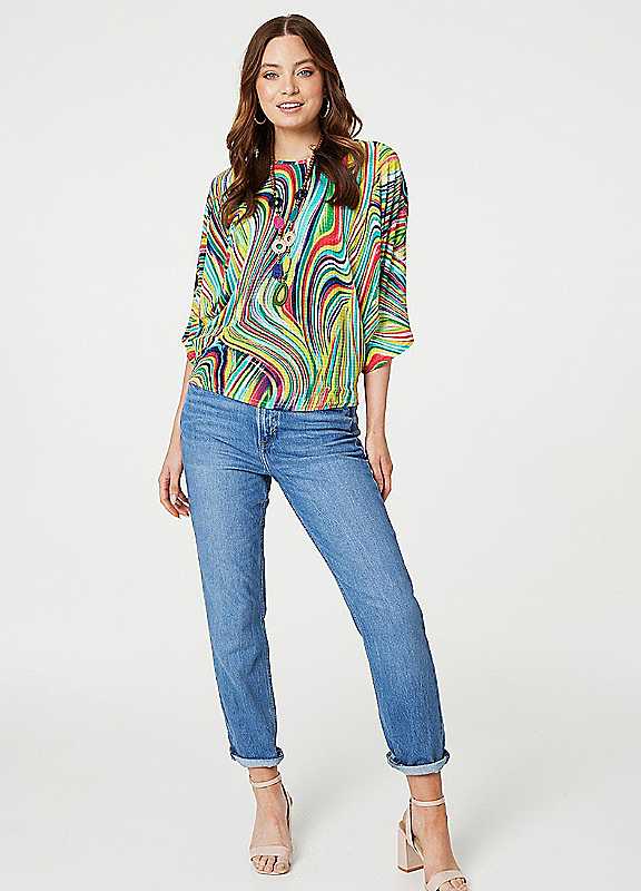 Izabel London Green Multi Multi Green Marbled Batwing Top With Necklace Medium