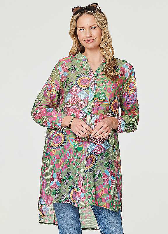 Izabel London Green Multi Multi Green Printed Semi Sheer Longline Blouse Size 10