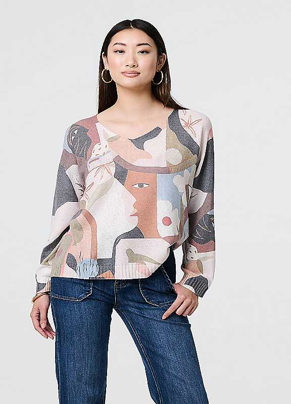 Izabel London Grey Multi Multi Grey Abstract Print Long Sleeve Knit Top Size 16