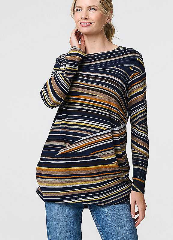 Izabel London Navy Multi Multi Navy Stripe Print Long Sleeve Tunic Top Size 8