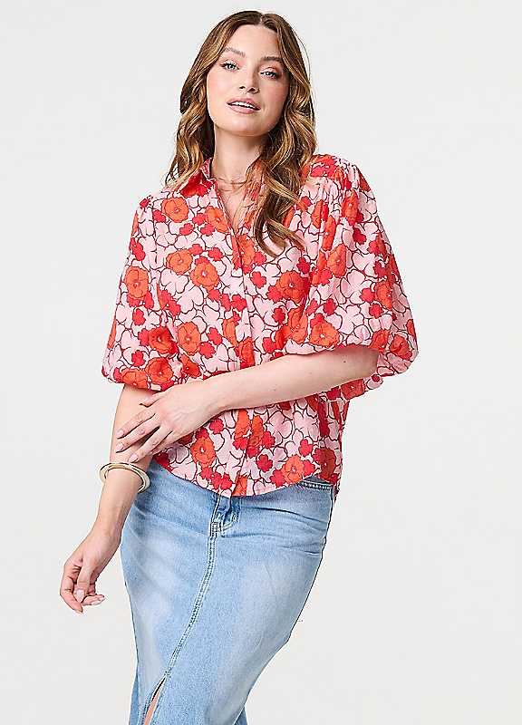 Izabel London Orange Multi Multi Orange Leaf Print Short Puff Sleeve Blouse Size 14