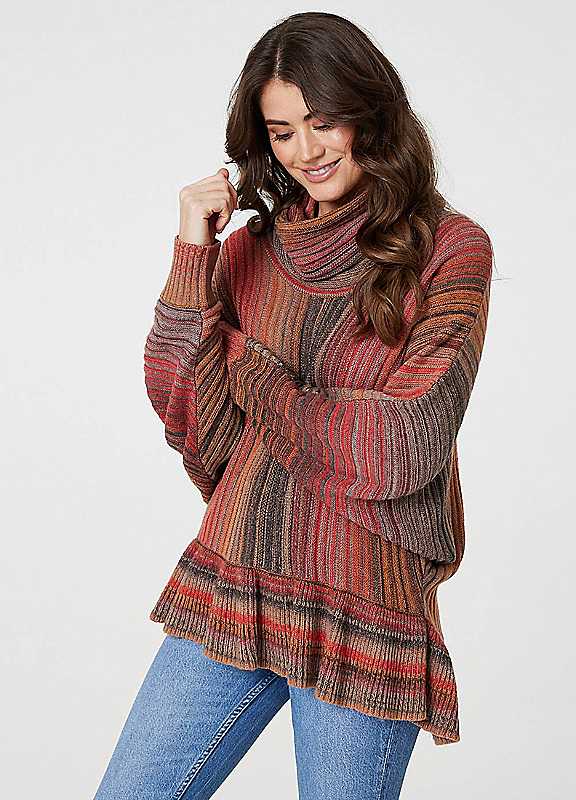 Izabel London Orange Multi Multi Orange Striped Oversized Frill Roll Neck Jumper Medium