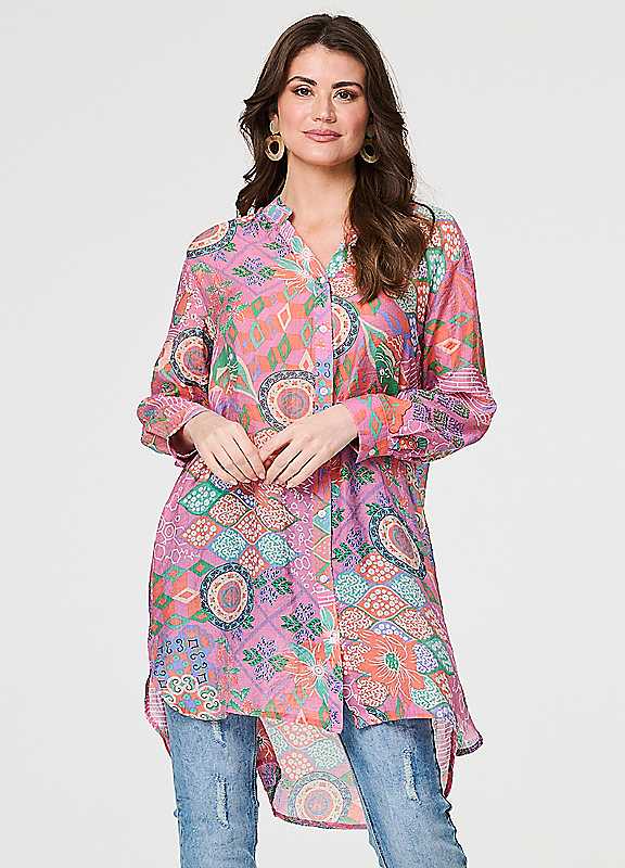 Izabel London Pink Multi Multi Pink Printed Semi Sheer Longline Blouse Size 14