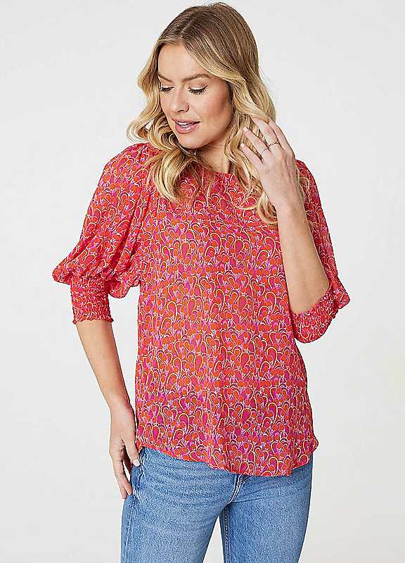 Izabel London Red Multi Multi Red Printed Threequarter Puff Sleeve Blouse Size 10
