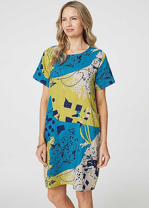Izabel London Yellow Multi Multi Yellow Abstract Print Short Sleeve Shift Dress Size 16