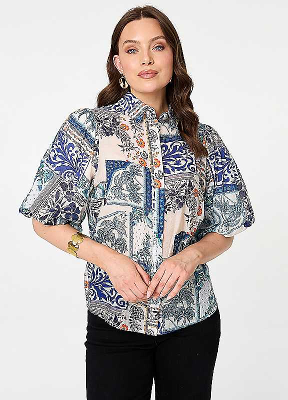 Izabel London Women's Patchwork 1/2 Puff Sleeve Boxy Shirt in Blue | Size: 12 - Image 3