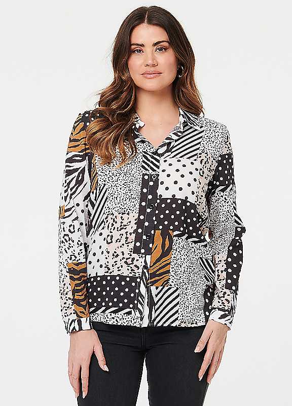 Izabel London Women's Patchwork Long Sleeve Relaxed Shirt in Black | Size: 10 - Image 2