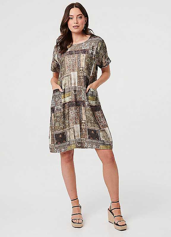 Izabel London Women's Khaki Patchwork Pocket Knee Length Shift Dress In | Size: 14 - Image 2