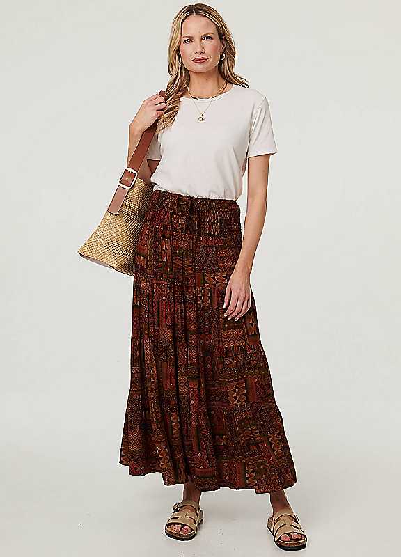 Izabel London Women's Patchwork Print High Waist Maxi Skirt in Brown | Size: 12 - Image 3