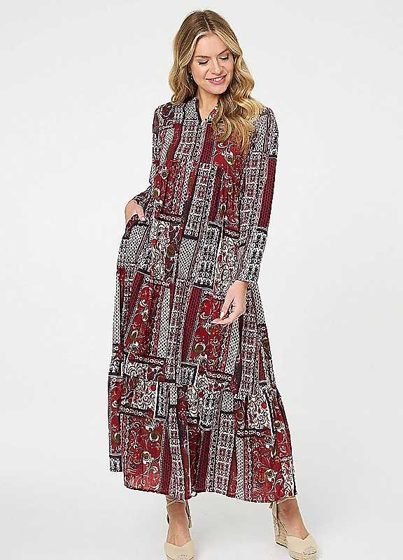 Izabel London Women's Red Patchwork Print Long Sleeve Maxi Dress In | Size: 16 - Image 3