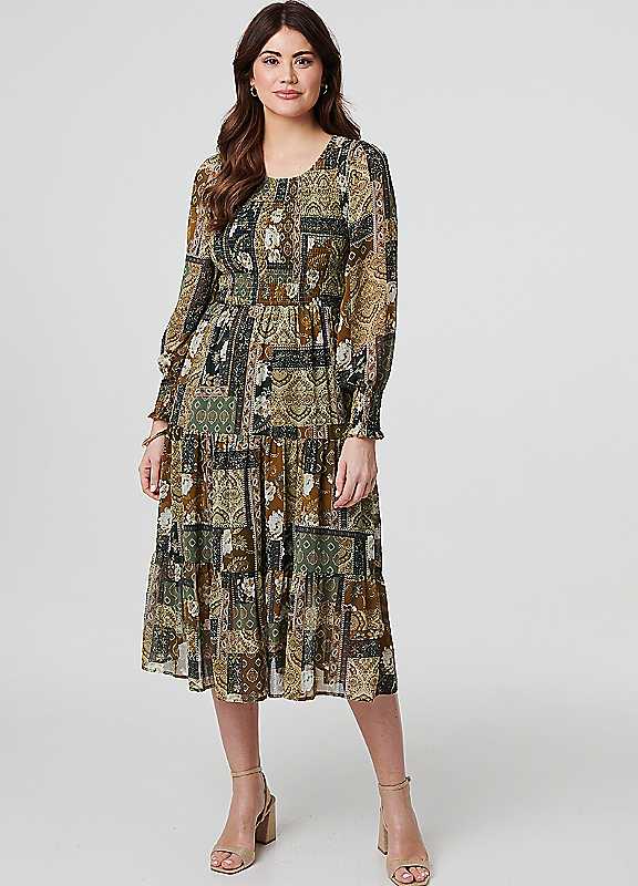 Izabel London Green Multi Patchwork Print Long Sleeve Midi Dress Size 16