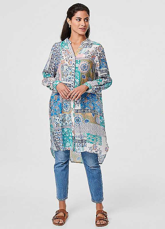 Freemans Blue Izabel London Patchwork Print Longline Tunic Shirt Size 16