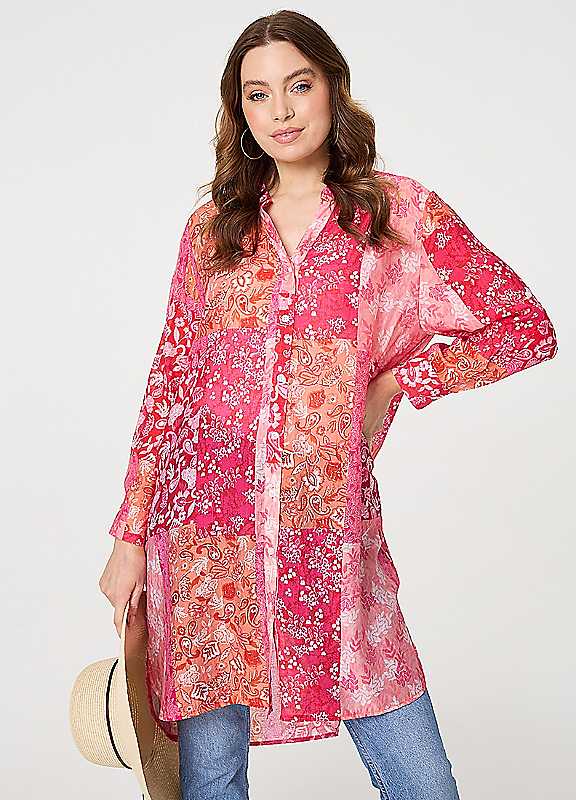 Izabel London Red Patchwork Print Semi Sheer Longline Shirt Size 14