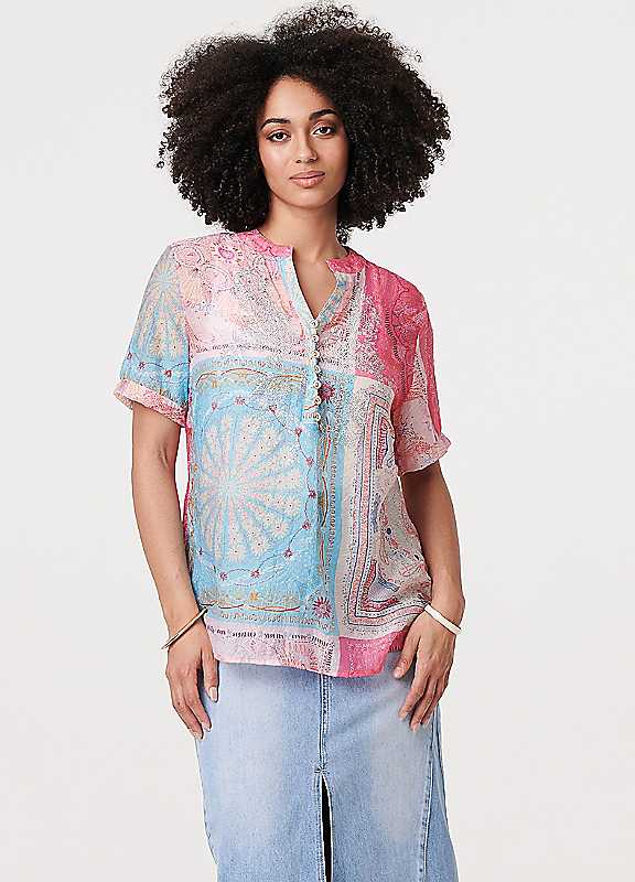 Izabel London Pink Patchwork Print Short Sleeve Blouse Size 14