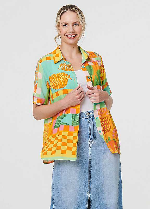 Izabel London Multi Orange Patchwork Print Short Sleeve Boxy Shirt Size 12