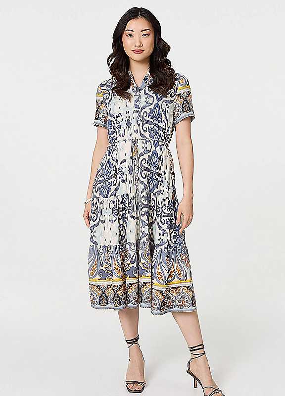 Izabel London Multi Grey Patchwork Print Short Sleeve Midi Dress Size 10