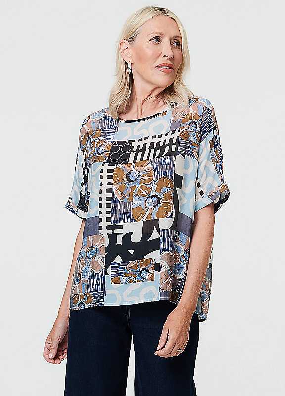 Izabel London Blue Patchwork Print 1/2 Sleeve Relaxed Top - 8 - Image 2