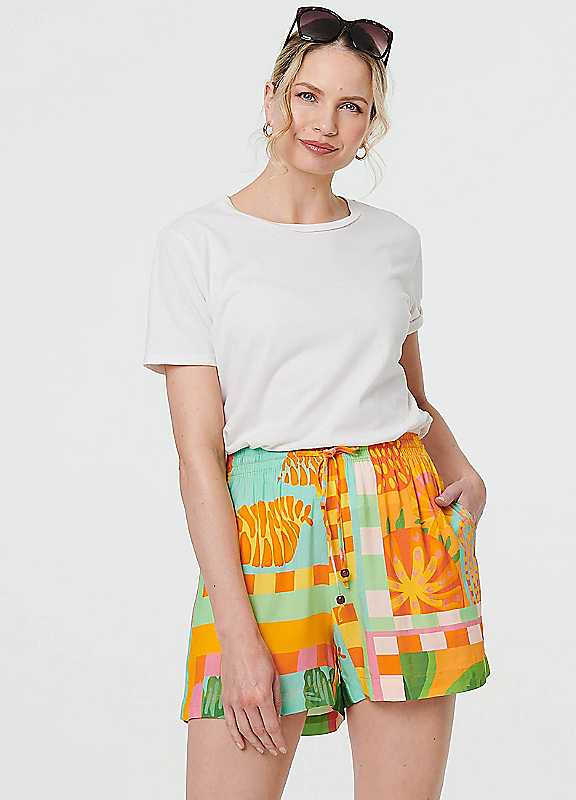 Izabel London Multi Orange Patchwork Print Tie Waist Relaxed Shorts Size 12