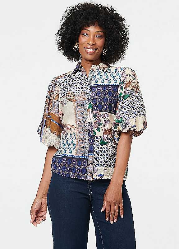 Izabel London Women's Navy Patchwork 1/2 Puff Sleeve Blouse In | : Size 12 - Image 2