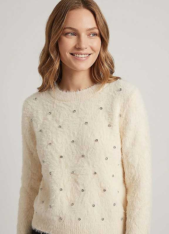 Izabel London Women's White Pearl Embellished Soft Texture Jumper In | Size: S/M - Image 2