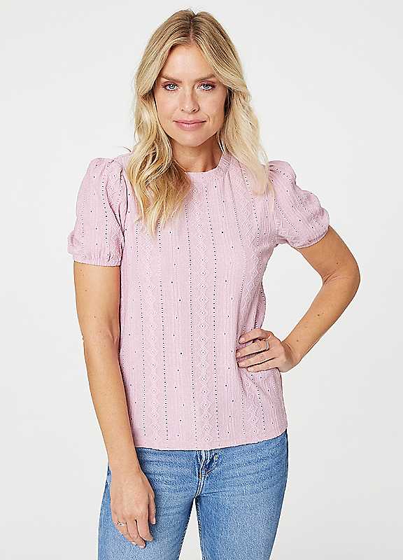 Izabel London Pink Textured Puff Sleeve Blouse Size 8