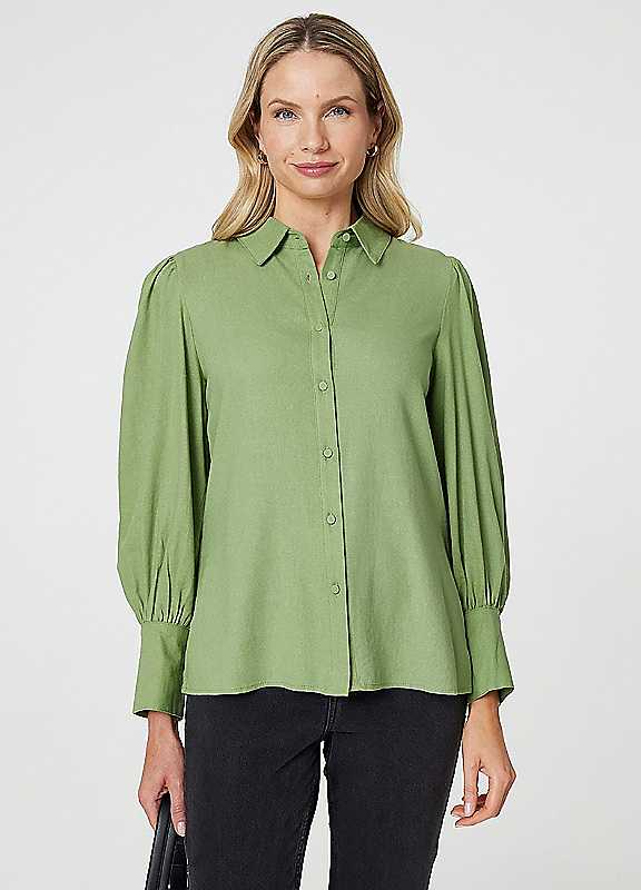 Izabel London Sage Plain Puff Sleeve Buttonup Shirt Size 12