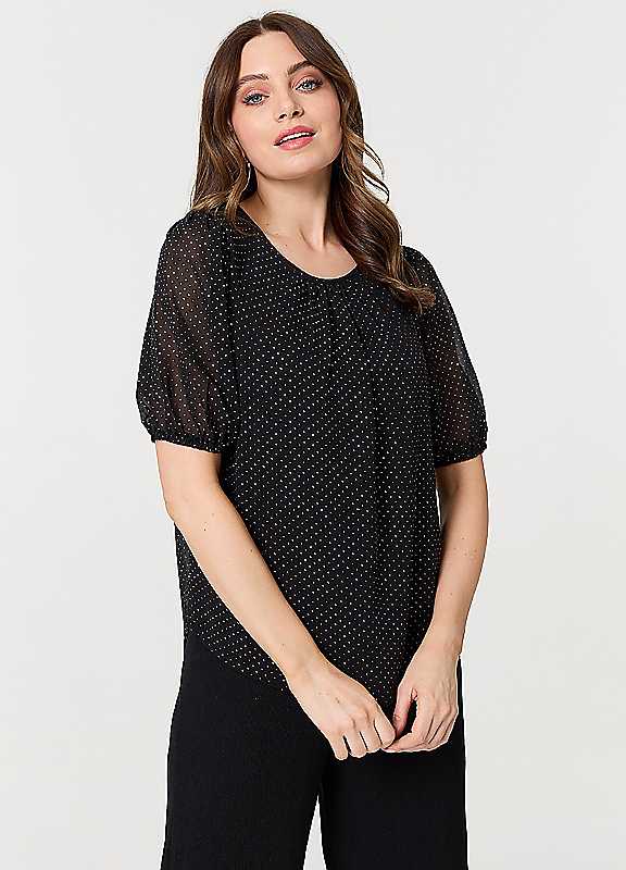 Izabel London Black Polka Dot Print Semi Sheer Blouse Size 10