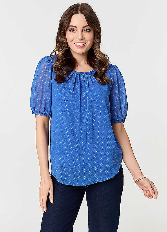 Izabel London Indigo Polka Dot Print Semi Sheer Blouse Size 14