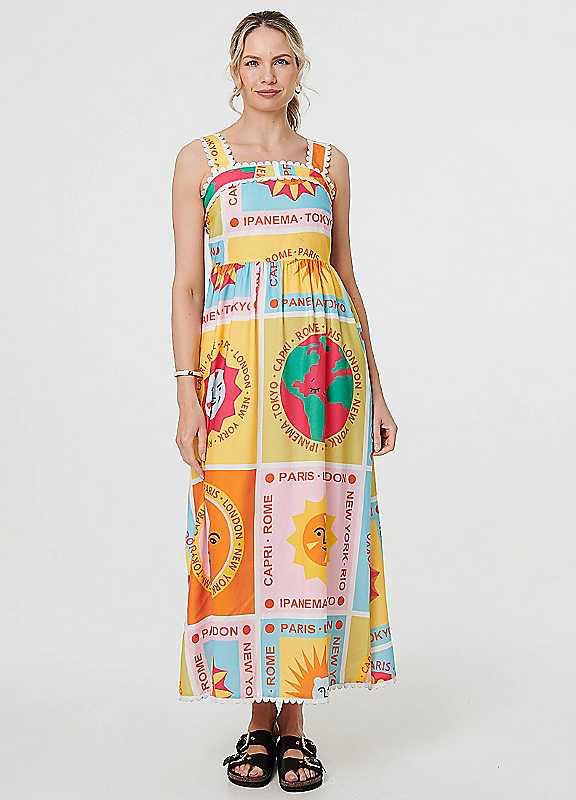 Izabel London Orange Multi Print Patchwork Sleeveless Maxi Dress Size 16