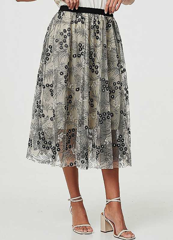 Izabel London Beige Multi Printed Aline Midi Skirt Large