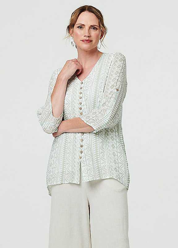 Izabel London Sage Printed Button Front Curve Hem Blouse