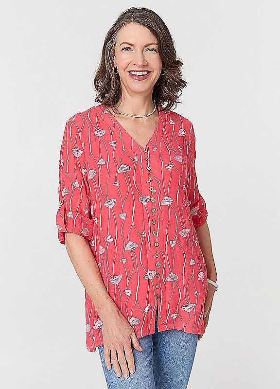 Freemans Red Izabel London Printed Curve Hem Vneck Tunic Blouse