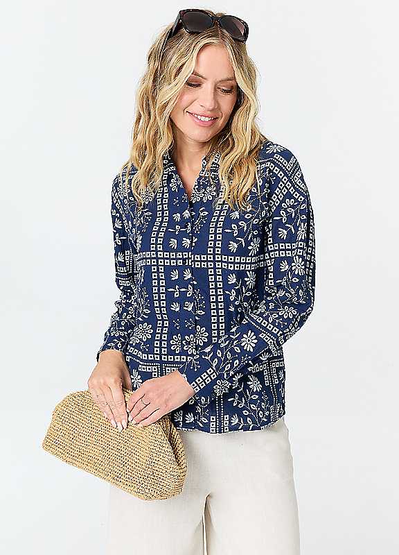Izabel London Women's Blue Printed Long Sleeve Relaxed Shirt In | Size: 12 - Image 2