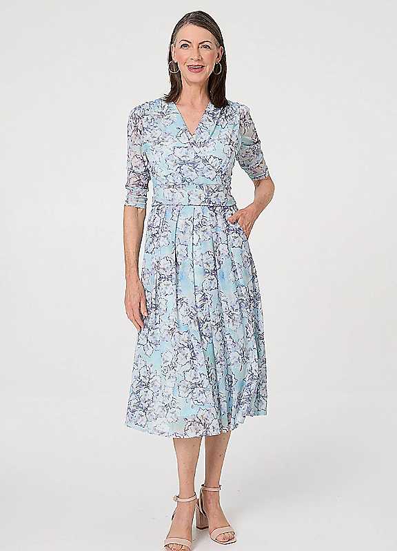 Izabel London Women's Blue Printed Mesh Texture Midi Wrap Dress In Size 12 - Image 3