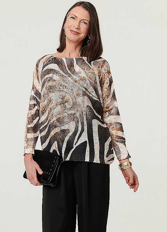 Izabel London Women's Printed Mesh Textured Long Sleeve Top in Brown | Size: Small - Image 3