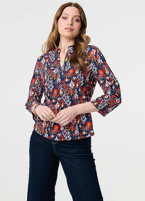 Izabel London Navy Multi Printed Relaxed Threequarter Sleeve Blouse Top Size 10