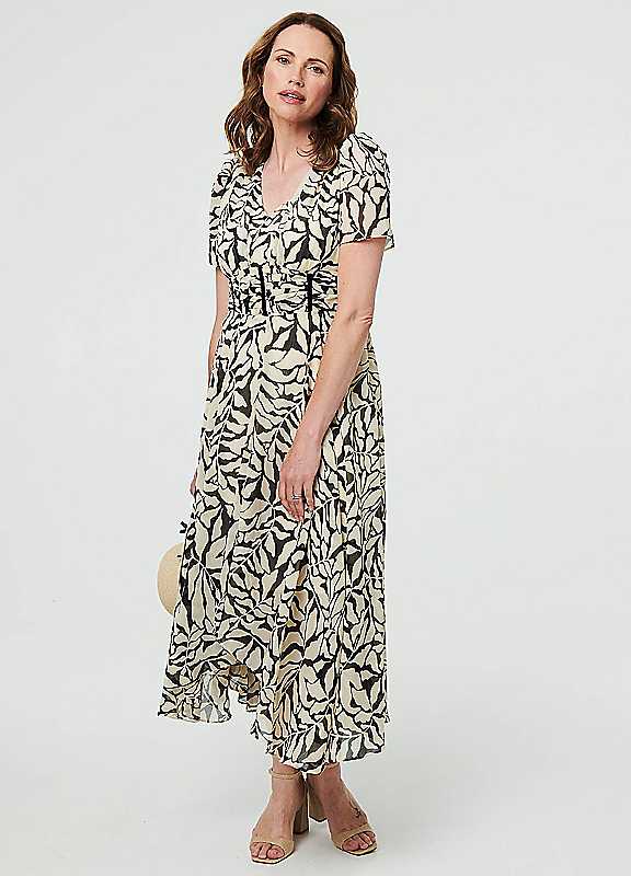 Izabel London White / Black Printed Ruched Front Vneck Midi Dress