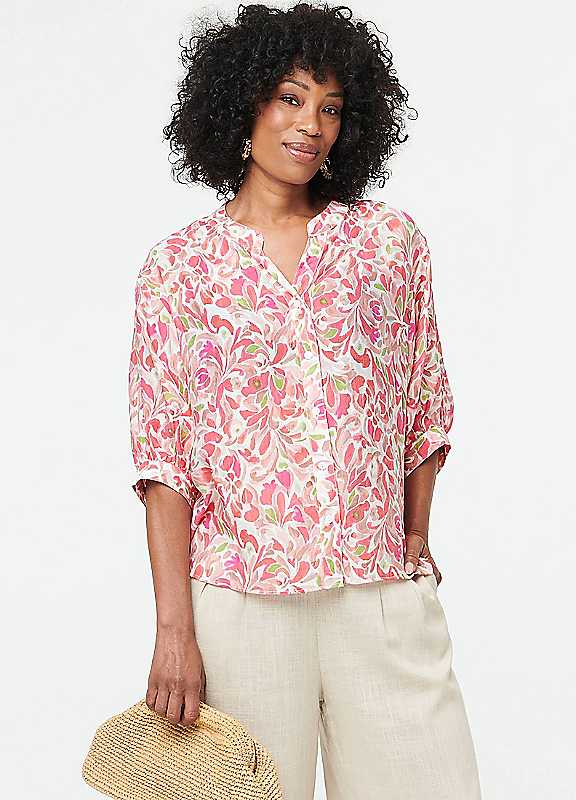Izabel London Women's Pink Printed 1/2 Puff Sleeve Curve Hem Blouse In Size 12 - Image 2