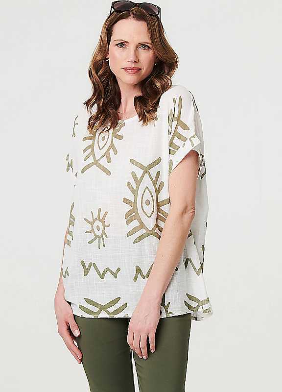 Izabel London Khaki Printed Short Sleeve Relaxed Blouse Medium