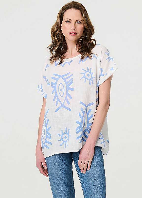 Izabel London Blue Printed Short Sleeve Relaxed Blouse Medium
