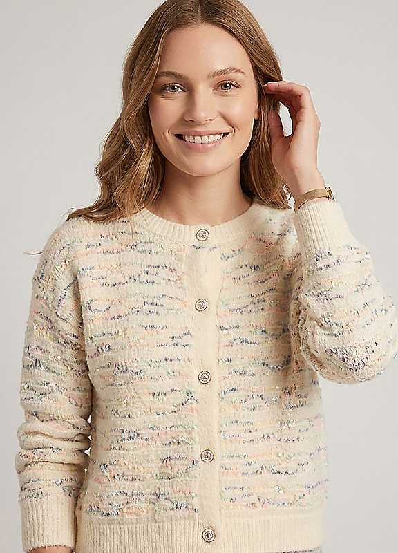 Izabel London Women's Cream Printed Textured Drop Shoulder Cardigan In | Size: Medium/Large - Image 2