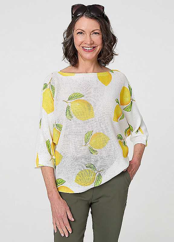 Izabel London Yellow Printed Threequarter Sleeve Knit Texture Top Large