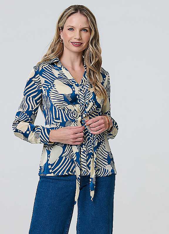Izabel London Teal Printed Tie Front Long Sleeve Blouse Size 16
