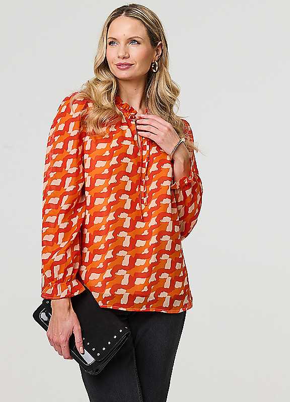 Izabel London Orange Printed Tie Neck Long Sleeve Blouse Medium